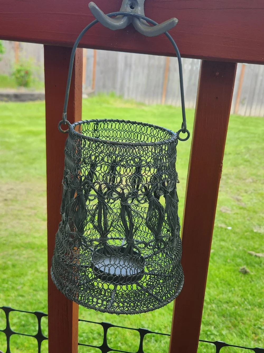 Decorative Gray Wire Lantern with Gold Candle Accent